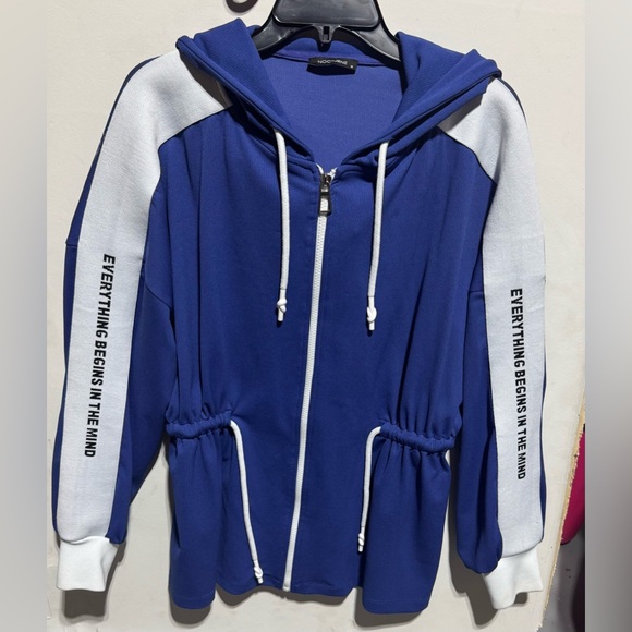 Navy and White Bomber Jacket with Hoodie - Picture 1 of 9